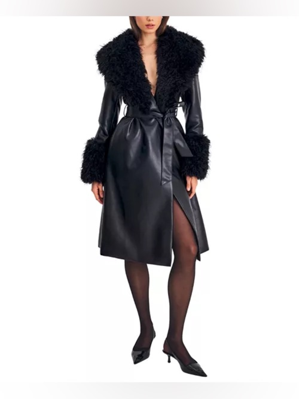 Miss Circle Zariah Faux Fur Trimmed Longline Faux Leather Coat
